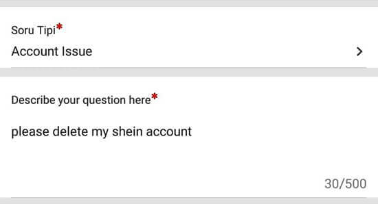 shein.com Excluir conta